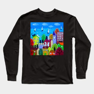 Cats on colourful roofs by the Sea Long Sleeve T-Shirt